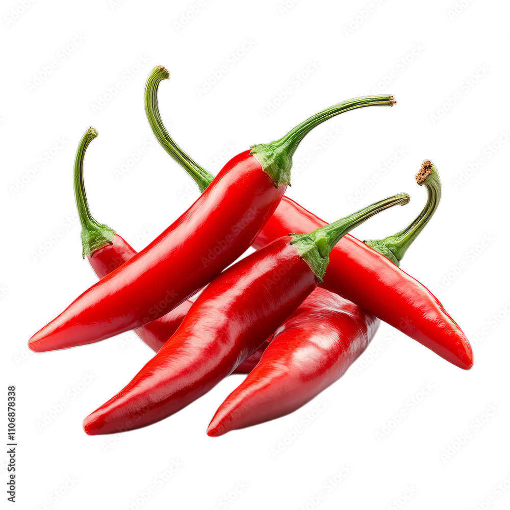 Four red chili peppers arranged criss-cross on a transparent background. Peppers have long, thin stems that are slightly bent. Four red chili peppers arranged criss-cross on a transparent background. Peppers have long, thin stems that are slightly bent.