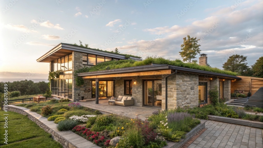 An openair home showcasing a unique blend of natural stone and recycled wood with a rooftop garden enhancing its sustainability. An openair home showcasing a unique blend of natural stone and recycled wood with a rooftop garden enhancing its sustainability.