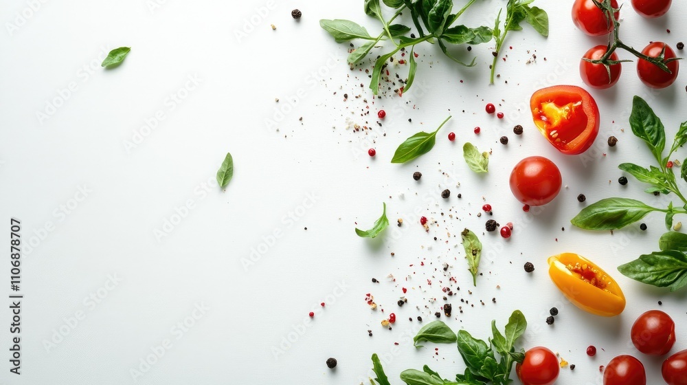 Fresh ingredients including tomatoes, peppers, and herbs arranged for culinary presentation. Fresh ingredients including tomatoes, peppers, and herbs arranged for culinary presentation.