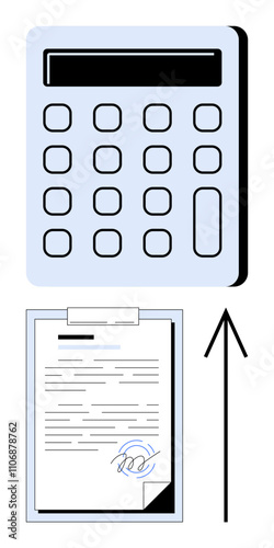 Calculator and signed document with upward arrow implying financial growth and accuracy. Ideal for finance, accounting, business analysis, budgeting, financial planning, investments, and success