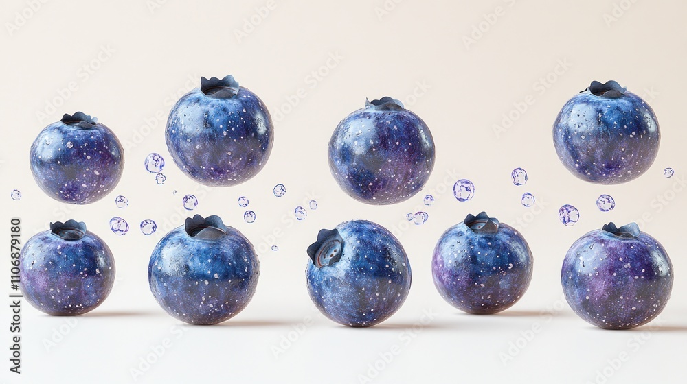 Fresh blueberries in mid-air, with subtle sparkle and water droplets, on a light background. Fresh blueberries in mid-air, with subtle sparkle and water droplets, on a light background.