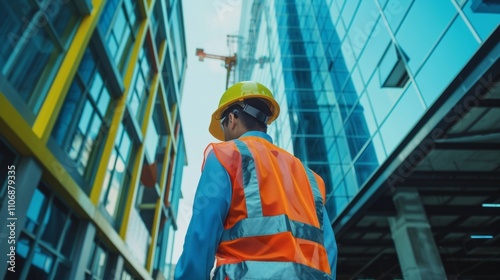 With a hardhat and safety gear on a code inspector conducts a final inspection of a newly constructed office building signing off on its compliance with all local building codes and