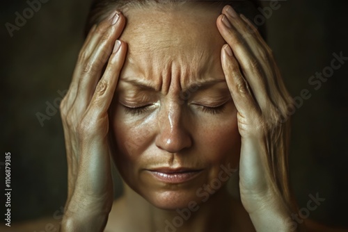 middle aged woman suffering from headache touching her forehead