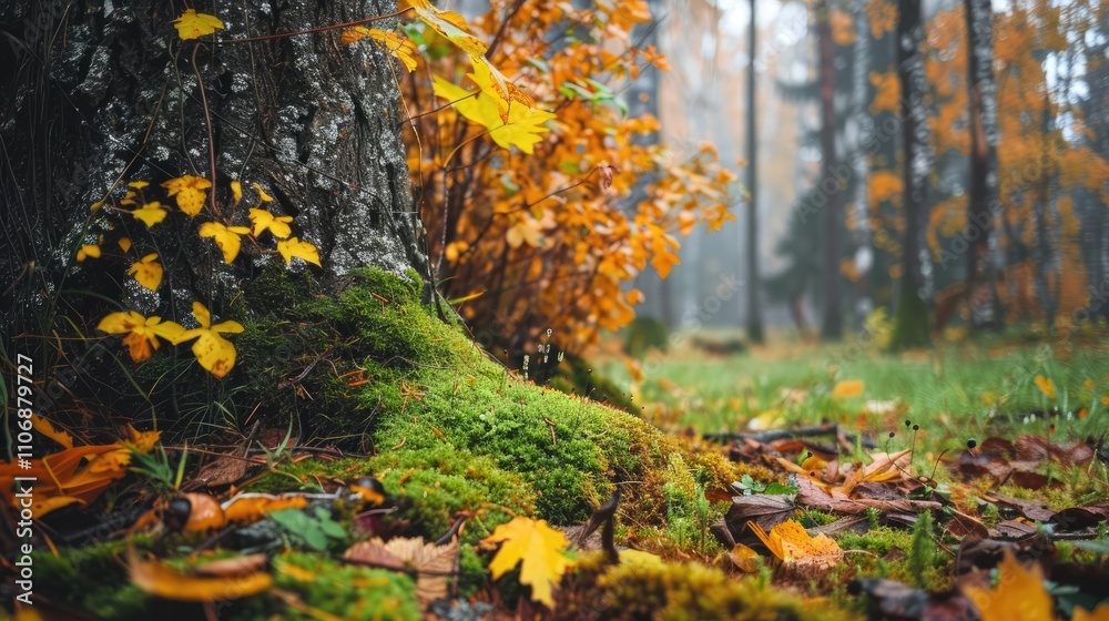 Autumn forest scene with mossy tree trunk, perfect for product display and design template. Autumn forest scene with mossy tree trunk, perfect for product display and design template.