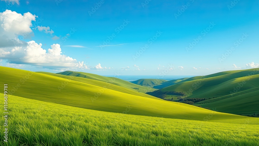Obraz premium Gentle slope of perfectly manicured grass leading to a green valley, gentle slope, scenic view