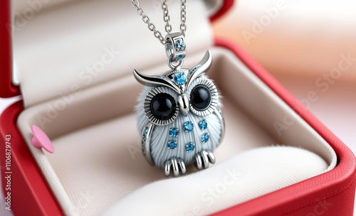 owl christmas Cute owl pendant in gift box silver long chain owl-shaped pendant with blue zircons gift for her valentines holiday present  animal, decoration, season, bird photo