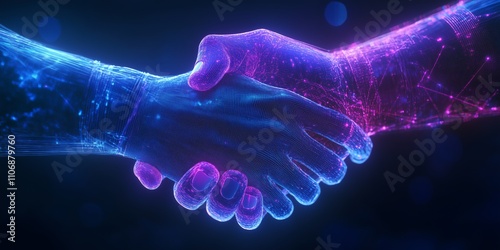 Firm handshake depicted with digital glowing lines, symbolizing strength and confidence, rendered in a blue and purple color palette with a uturistic, high-resolution design. photo