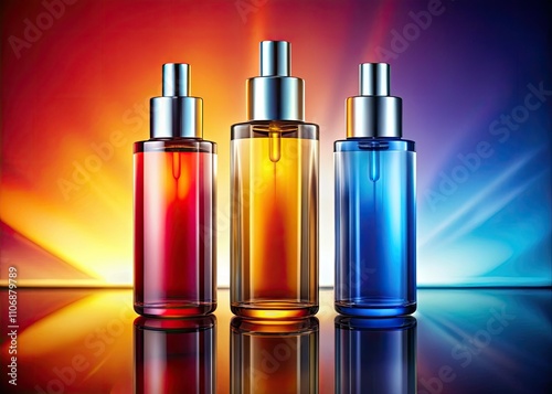 Gradient Pink Orange Cosmetic Bottles, Beauty Product Photography, Glass Bottles, Metal Caps, Liquid Colors