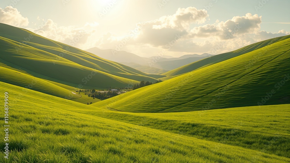 Fototapeta premium Gentle slope of perfectly manicured grass leading to a green valley, soft focus, natural light, gentle slope, perfect grass