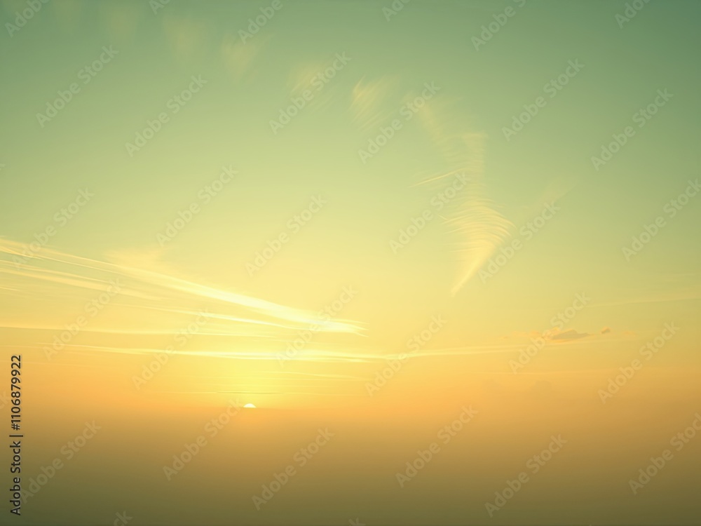 Fototapeta premium Gentle sunlight filtering through thin clouds in a pale green sky with a few white puffy clouds scattered about, serene landscape, sunlight filtering, pale green, gentle hue