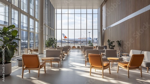 Modern airport lounge with seating and a view of an airplane.