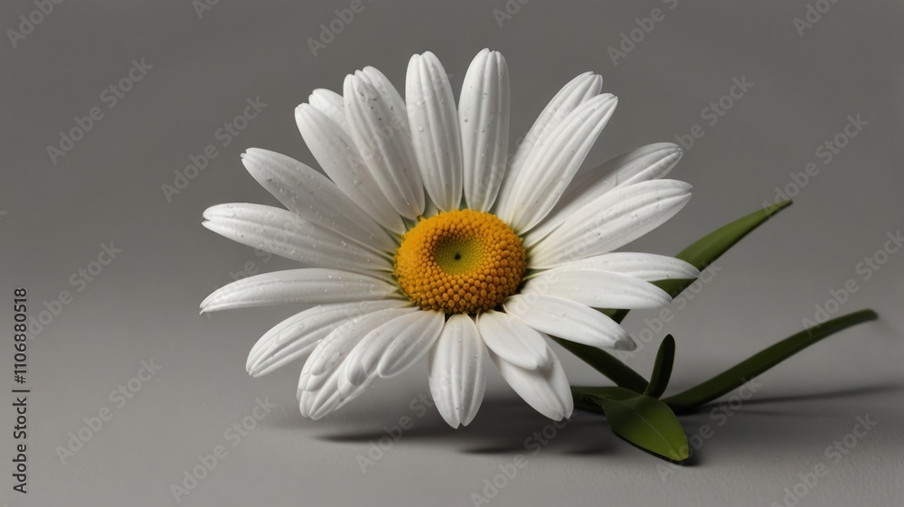 Single white daisy flower with green stem on gray background. Single white daisy flower with green stem on gray background.