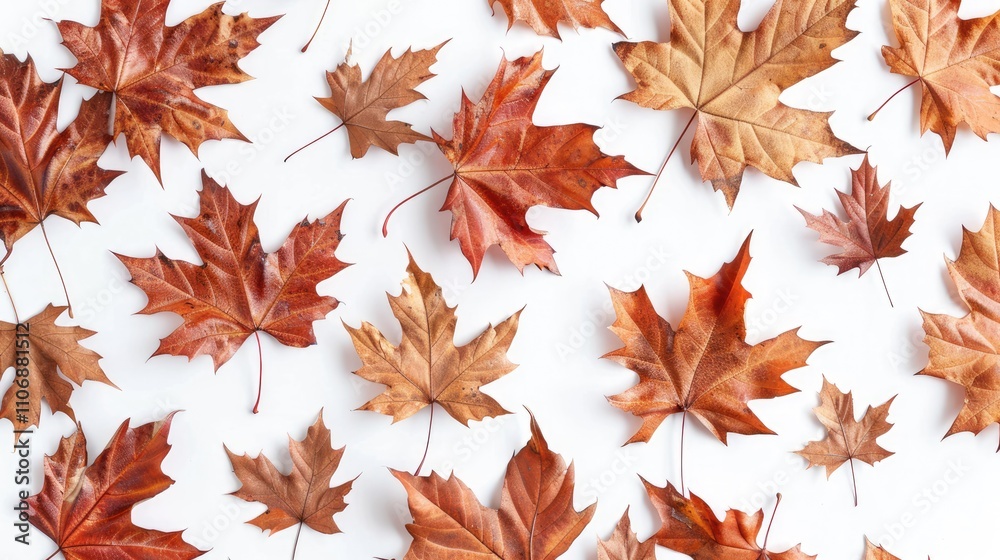 Dried maple leaves on white background: Autumn theme, flat lay view Dried maple leaves on white background: Autumn theme, flat lay view