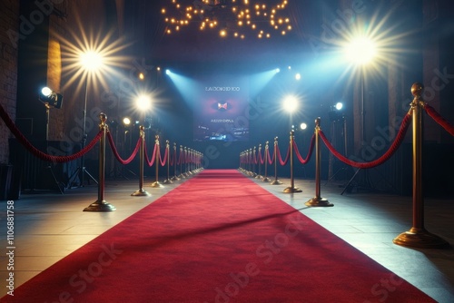 An empty red carpet scene featuring a backdrop of film studio logos, ropes, and spotlights angled towards the walkway, ready for a premiere event, film industry, cinematic setting