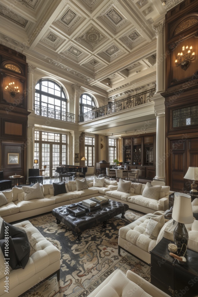 Luxurious living room with classic design and elegant furnishings in a spacious, high-ceilinged space bathed in natural light Luxurious living room with classic design and elegant furnishings in a spacious, high-ceilinged space bathed in natural light