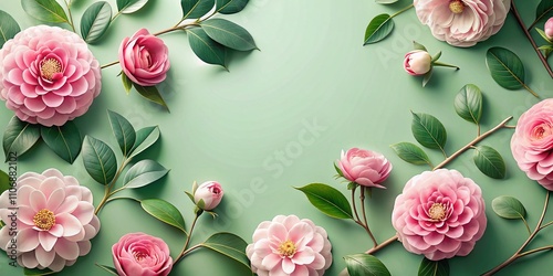Elegant Camellia Flower Pattern Design on Soft Pastel Green Background, Perfect for Textile and Home Decor Applications, Emphasizing Natural Beauty and Delicate Aesthetics