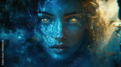 mysterious woman with blue scales, eyes glowing gold, underwater ruins around her, seaweed flowing, deep ocean light rays, serene and magical, fantasy world, aquatic