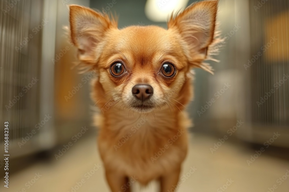 Adorable small brown chihuahua dog looking directly at the camera in a shelter. Adorable small brown chihuahua dog looking directly at the camera in a shelter.
