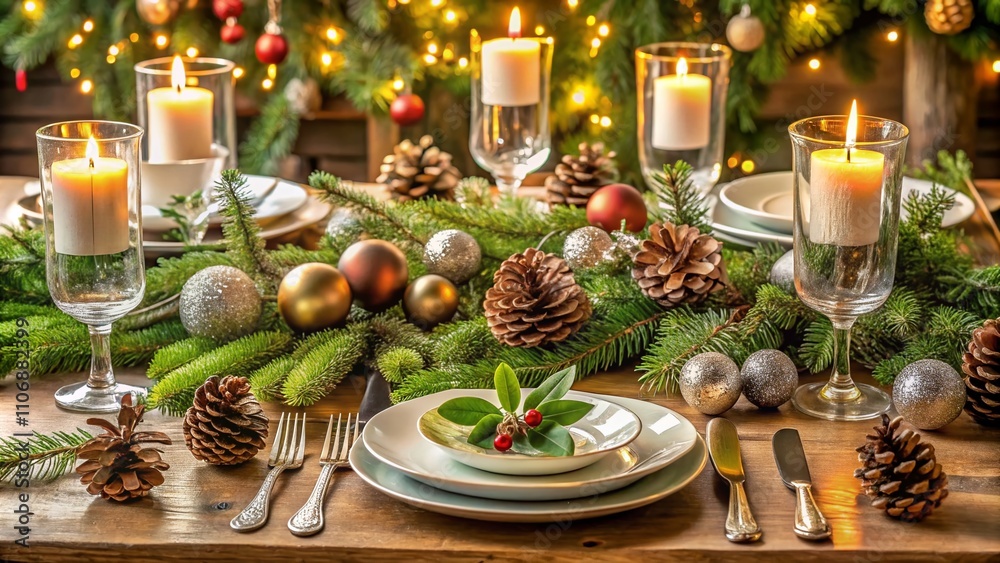 Elegant Christmas Dinner Table Setting Decorated with Pine Branches, Ornaments, and Pine Cones for a Festive Holiday Celebration Elegant Christmas Dinner Table Setting Decorated with Pine Branches, Ornaments, and Pine Cones for a Festive Holiday Celebration