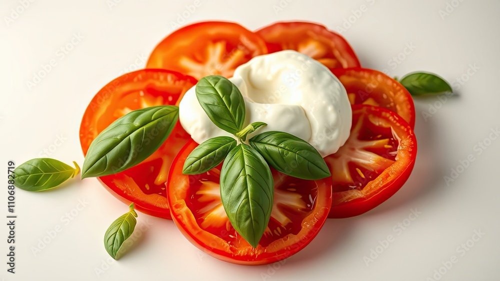 Heirloom Tomato Salad with Burrata Cheese and Basil, vibrant, stylish, colorful Heirloom Tomato Salad with Burrata Cheese and Basil, vibrant, stylish, colorful