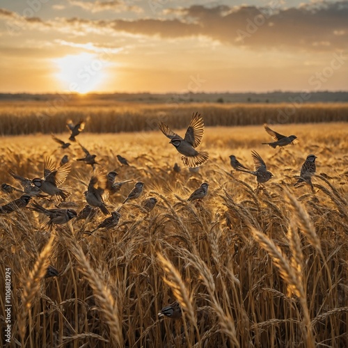 A flock of sparrows flying across a golden wheat field. photo