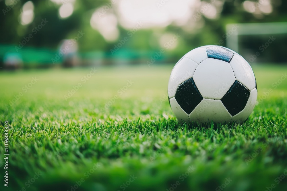 A soccer ball resting on a patch of well-manicured grass in a sports field, representing active lifestyle, competition, and outdoor recreation A soccer ball resting on a patch of well-manicured grass in a sports field, representing active lifestyle, competition, and outdoor recreation