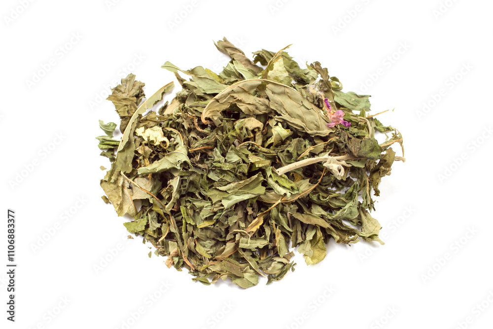Dried chopped mint on a white background. Fragrant mint leaves are isolated. Dried chopped mint on a white background. Fragrant mint leaves are isolated.