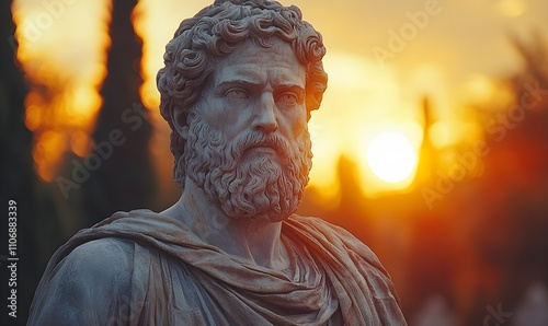 An ancient Roman god stands majestically enjoying the warm glow of the morning sunrise in the background