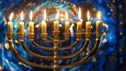 Golden Menorah with Burning Candles and Artistic Blue Background