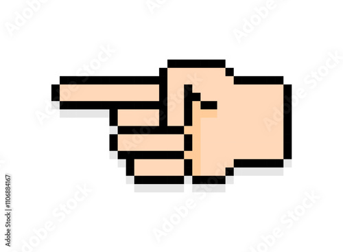 Pixel art of fingers gesturing pointing direction. Pixelated hand with fore finger up.