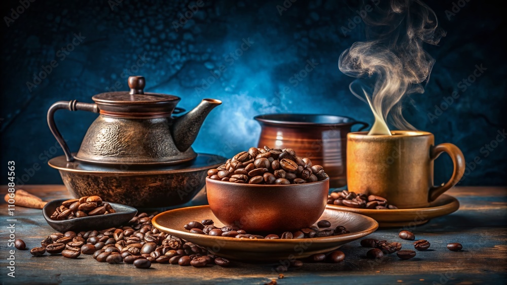Elegant Espresso Setup with Roasted Arabica Beans and Turkish Pot on White Table, Capturing the Essence of a Cozy Coffee Shop Environment Elegant Espresso Setup with Roasted Arabica Beans and Turkish Pot on White Table, Capturing the Essence of a Cozy Coffee Shop Environment