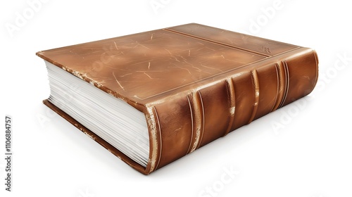 A detailed 3D rendering of a leather-bound book with a polished cover, isolated on a solid white background.