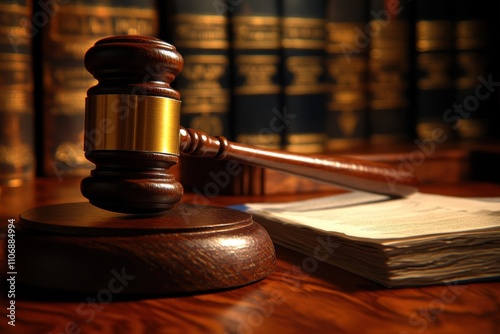 A courtroom scene with medical documentation and a judge's gavel, depicting a lawsuit for healthcare malpractice and drug fraud, as lawyers review the evidence photo