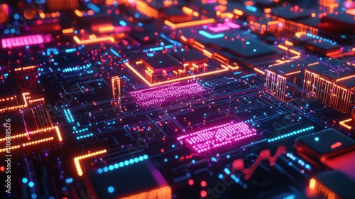 A vibrant representation of artificial intelligence technology illustrated through glowing circuits and data flow