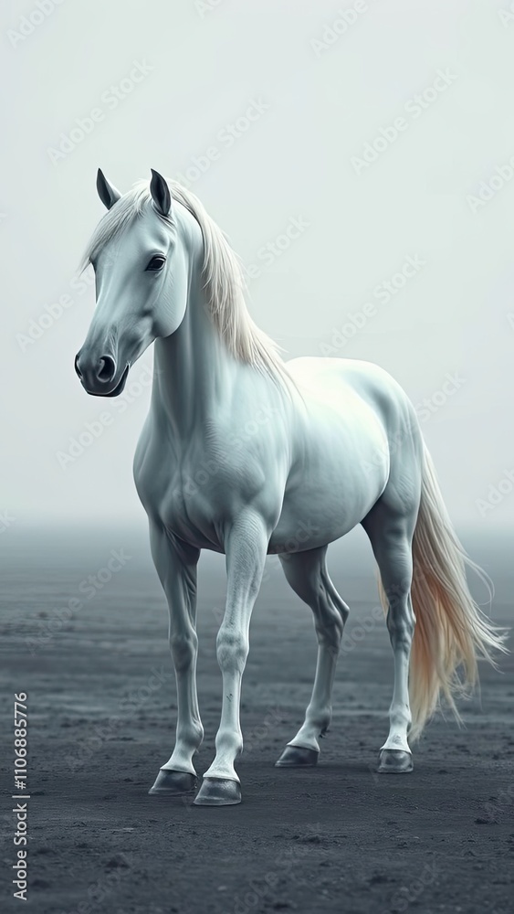 Obraz premium Majestic white horse stallion with a shiny coat and flowing mane standing alone in a vast gray landscape, noble animal, horse breed, isolated on gray background