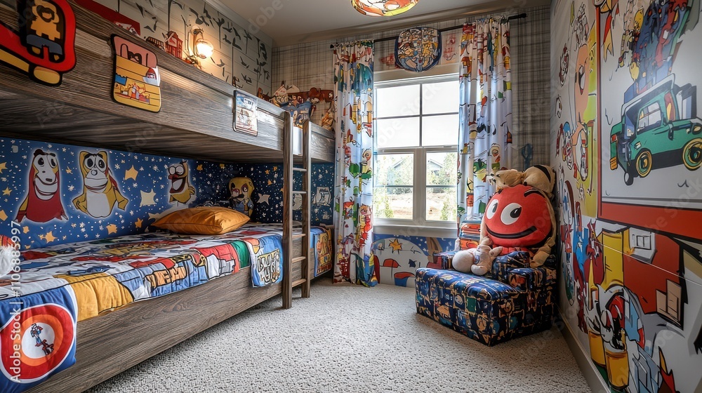 A whimsical kids' bedroom with a themed decor, featuring characters from popular children's shows and books A whimsical kids' bedroom with a themed decor, featuring characters from popular children's shows and books