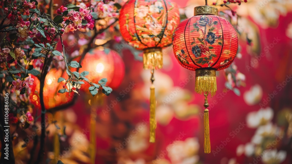 Fototapeta premium An artistic Chinese New Year backdrop with traditional motifs, lanterns, and festive decorations
