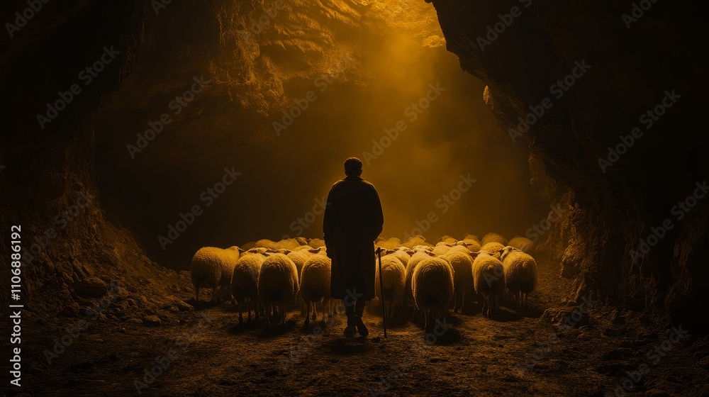 Naklejka premium A Silhouetted Shepherd Standing in a Cave with Sheep