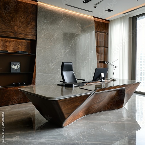 Modern Luxury Office Interior Design: Elegant Wood Desk and Marble Accents photo