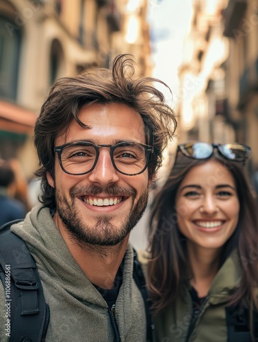 Happy couple having fun walking in Barcelona during travel vacations - Soft focus on man face