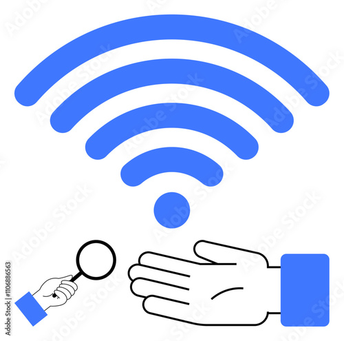 Magnifying glass examining wireless symbol above open hand. Ideal for technology, internet, support, analysis, communication, connectivity, online help. Blue and black elements suggestive of digital