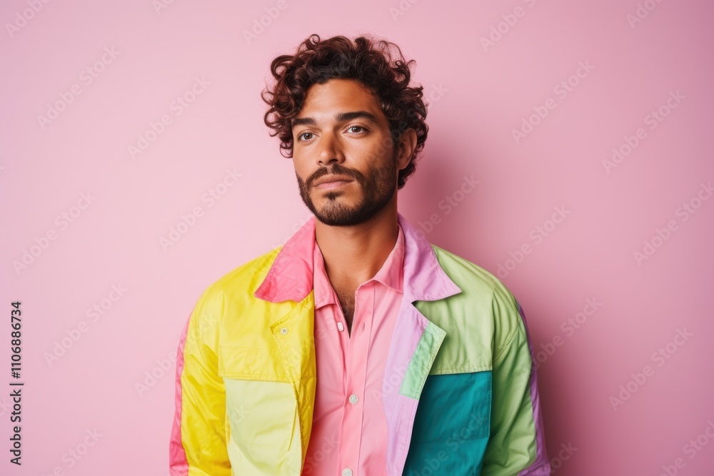 A man in a multicolored jacket and shirt is looking at the camera A man in a multicolored jacket and shirt is looking at the camera