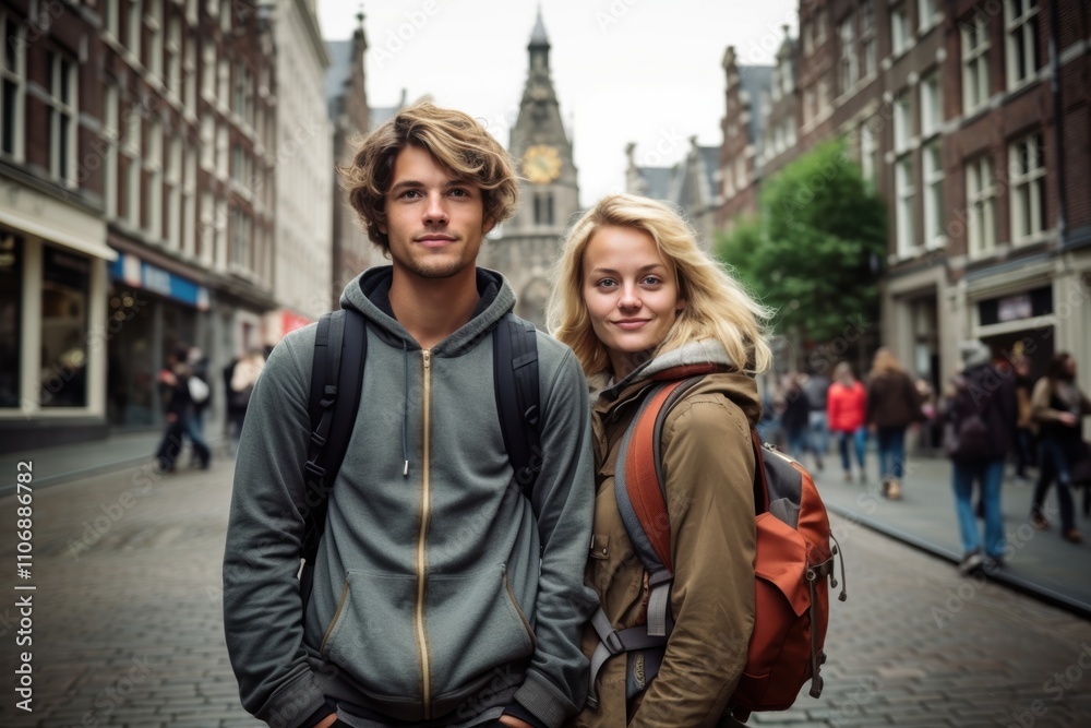 Fototapeta premium A young man and woman stand on a city street, both wearing backpacks