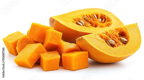 Fresh, diced pumpkin cubes and a halved pumpkin. photo