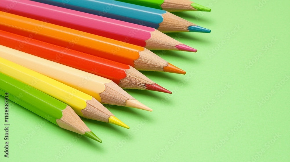 Colorful Drawing Pencils Arranged Neatly on Light Green Background Colorful Drawing Pencils Arranged Neatly on Light Green Background