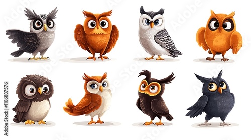 Eight Adorable Cartoon Owls: Digital Illustration Set AI Generated