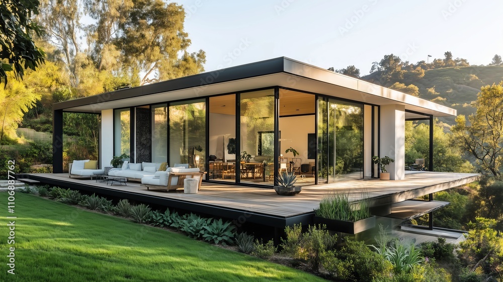 Fototapeta premium A modern house features glass windows, a flat roof, and a wooden deck amid a vibrant landscape.