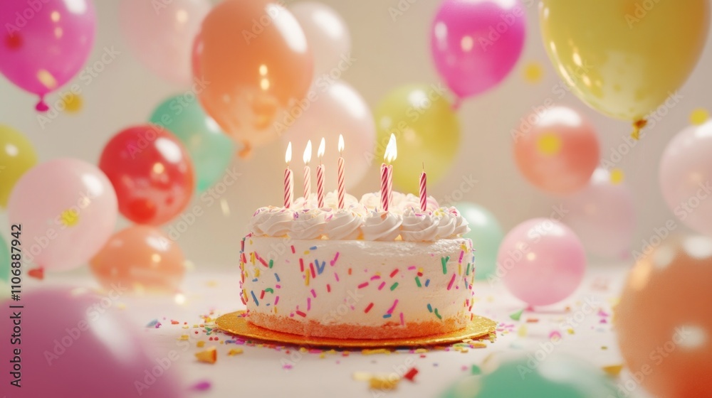 Festive birthday cake with lit candles surrounded by pastel balloons and sprinkles. Festive birthday cake with lit candles surrounded by pastel balloons and sprinkles.