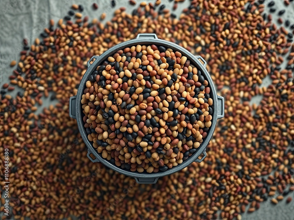 Overhead view of a large storage container filled with dried beans , storage containers, ingredients, food Overhead view of a large storage container filled with dried beans , storage containers, ingredients, food
