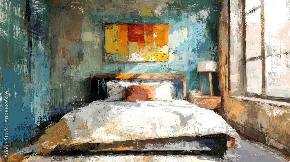 An artistic portrayal of a small bedroom with personalized decor, reflecting individuality in a compact space An artistic portrayal of a small bedroom with personalized decor, reflecting individuality in a compact space